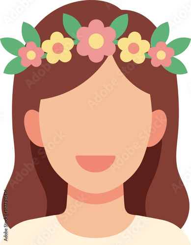 International Women's Day illustration of woman with floral crown, feminine empowerment, flat vector art