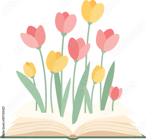 International Women's Day Illustration with Tulip Flowers Growing from Open Book, Feminine Spring Concept