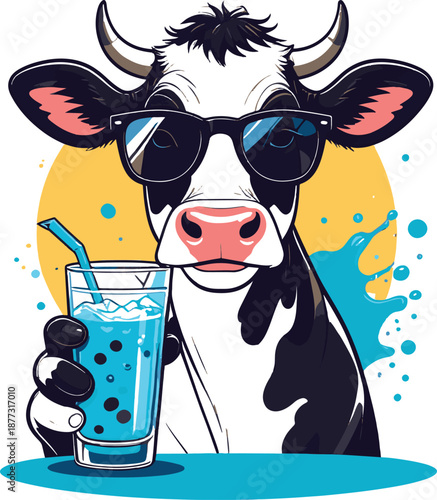 Cartoon cow character with sunglasses holding milkshake illustration high resolution vector
