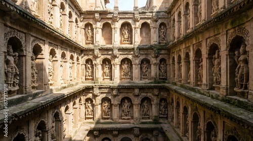 Intricate ancient temple carvings adorn the walls of a historic stepwell