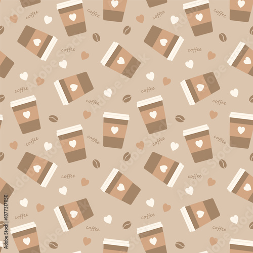 Vector illustration of a seamless pattern of coffee cups with hearts on a brown background.