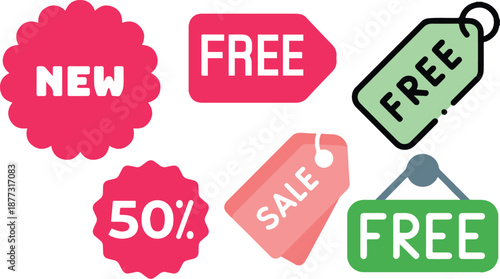 Set of creative sale labels and promo tags. Vector stickers for "New" arrival, "50%" discount, and "Free" offer for e-commerce and retail marketing.
