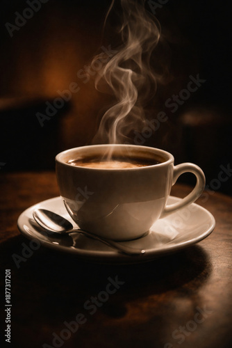 Fotografie A steaming cup of hot coffee on a white saucer with a spoon, set against a dark, warm background
