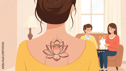 Woman with lotus tattoo, couple and cat relaxing on a couch in a cozy room