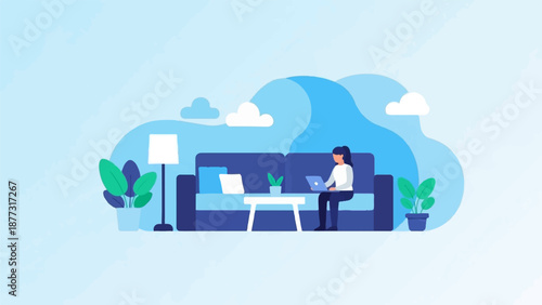 Woman working on a laptop on a couch in a minimalist, blue-toned room with plants