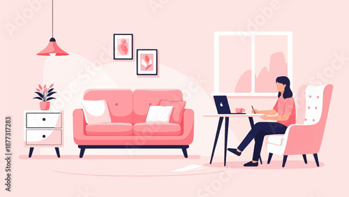 Woman working on laptop at home, pink interior