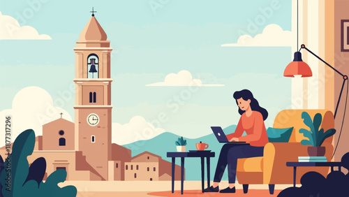 Woman working on laptop from home with village vista and distant mountains
