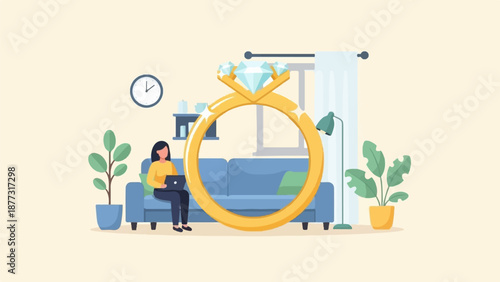 Woman working on laptop by couch, giant diamond ring, plants, clock, lamp
