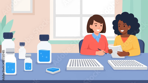 Two women collaborate at a desk with lab equipment and research materials, discussing their work