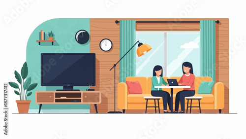 Two women collaborate on a laptop in a cozy, modern living room with a TV and sofa