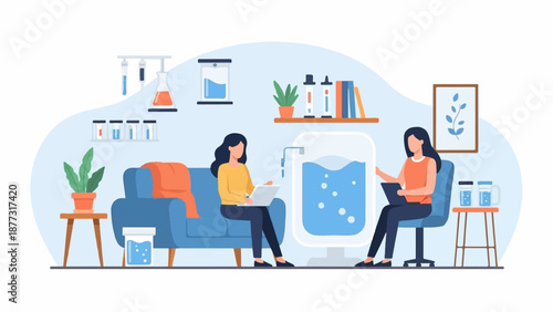 Two women collaborate on laptops in a modern, minimalist room with science-themed decor