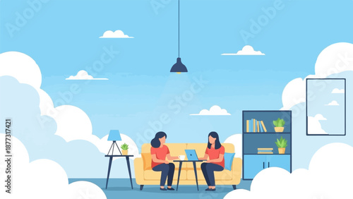 Two women collaborate on a laptop while relaxing indoors, surrounded by fluffy clouds and a clear sky