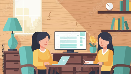 Two women collaborating in a home office with a computer and laptop