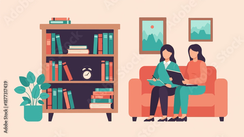Two women converse on a couch near a bookshelf in a minimalist interior