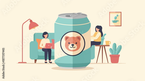 Two women work on laptops in a cozy room beside a large drink can with a bear image