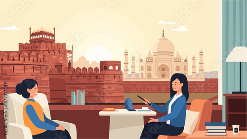 Two women conversing in a room with famous Indian landmarks visible outside
