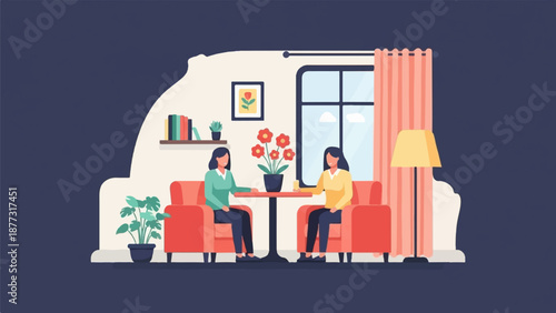 Two women conversing over a table in a cozy living room with plants and books