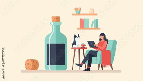 Woman works on laptop in armchair with dog and drink, stylized illustration