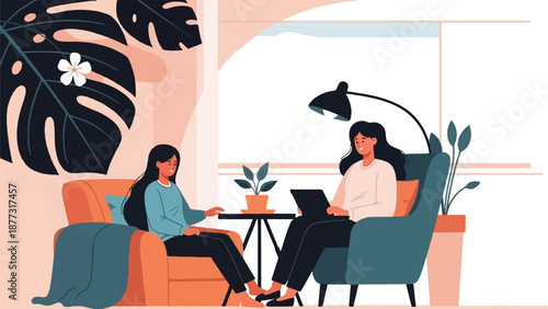 Two women conversing in a cozy living room with plants and large leaves