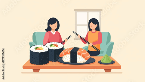 Two women enjoy a Japanese meal of sushi and wasabi while sitting on a sofa