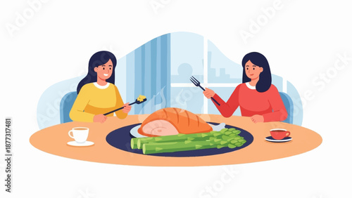 Two women enjoy a festive meal of roasted meat and asparagus with drinks