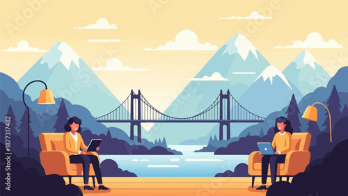 Two women work on laptops in comfortable armchairs by a scenic mountain and bridge view
