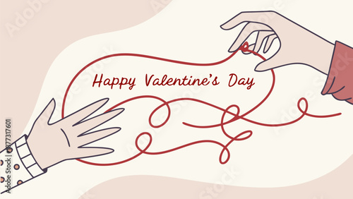 Happy Valentine's Day illustration with connected hands and red thread