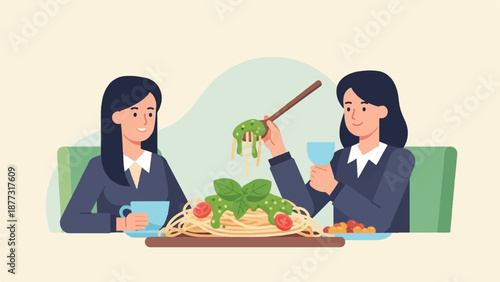 Two women in business attire share a meal of pasta with sauce and vegetables at a table