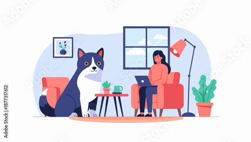 Woman works on laptop near large cat in cozy room