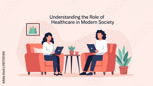 Two women in chairs on laptops, discussing healthcare's societal impact