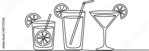 Minimalist Line Art Drink Glasses with Lemon Slices Illustration.