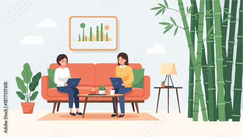 Two women work on laptops while relaxing on a sofa, with bamboo and plants indoors