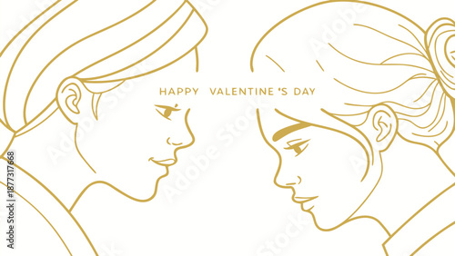 Golden line art of couple faces on Valentine's Day