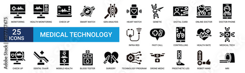 Medical technology icon set. Containing monitoring, health, check up, smart watch, gen, heart, genetic and more. Glyph vector icons collection.