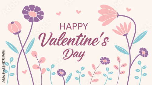 Happy Valentine's Day floral greeting with colorful flowers and hearts