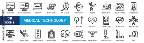 Medical technology icon set. Containing monitoring, health, check up, smart watch, gen, heart, genetic and more. Line vector icons collection.