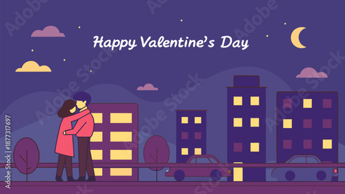 Couple embracing on romantic city street at night