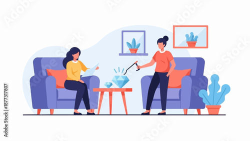 Two women in comfortable chairs examining diamonds on a table in a cozy room