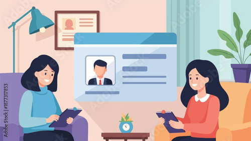 Two women in comfortable seating areas reviewing documents and a profile card