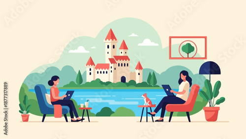 Two women work remotely with laptops in a serene, picturesque outdoor setting