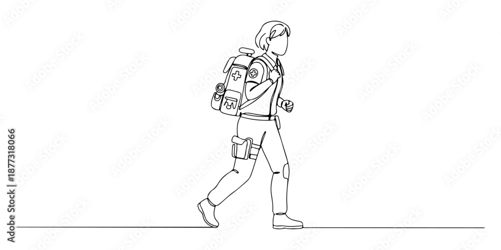 Fototapeta premium Continuous one line of a medical carrying supplies on their back, drawn vector illustration.