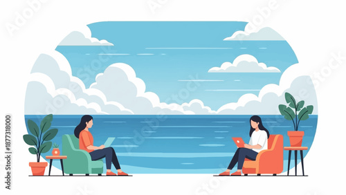 Two women in comfy chairs at home by the sea, working on laptops with plants