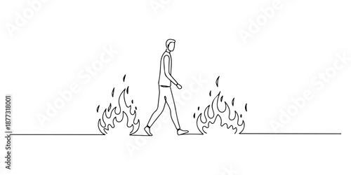 Continuous one line of a figure walking into the fire with bravery, drawn vector illustration.