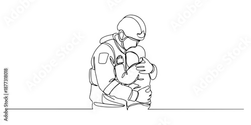 Continuous one line of a rescuer holding a child in arms, drawn vector illustration.