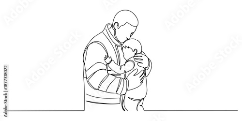Continuous one line of a rescuer holding a child in arms, drawn vector illustration.