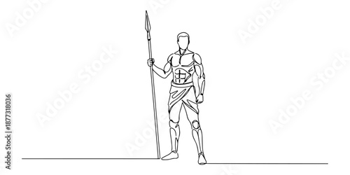 Continuous one line of a person standing guard with a spear, drawn vector illustration.