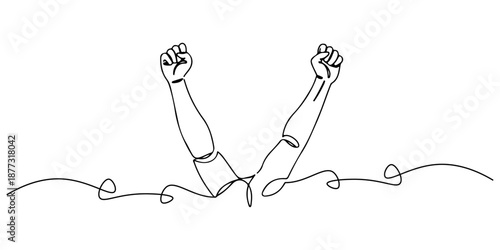 Continuous one line of a two arms raised in victory after struggle, drawn vector illustration.
