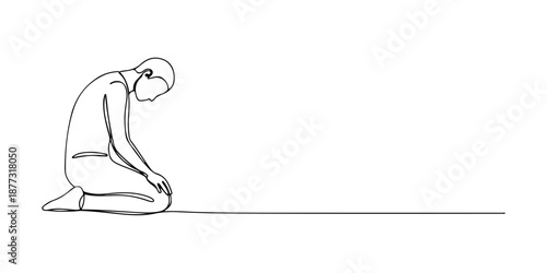 Continuous one line of a person kneeling with bowed head, drawn vector illustration.