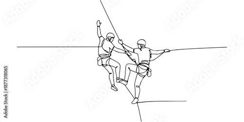 Continuous one line of a climber helping another ascend, drawn vector illustration.
