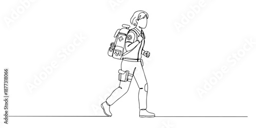 Continuous one line of a medical carrying supplies on their back, drawn vector illustration.